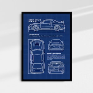 May include: Framed blueprint-style print of a Nissan Skyline GT-R (R34) car. The print features multiple views of the car, including side, top, front, and rear profiles, with technical details and specifications. The background is a dark blue grid.