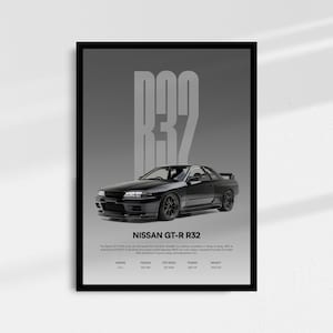 May include: A framed poster featuring a black Nissan GT-R R32 car. The poster has a gray background with the text "R32" in large, bold letters. Below the car is the text "NISSAN GT-R R32" and specifications.