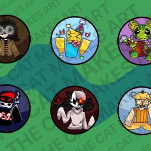 May include: Six circular digital illustrations featuring stylized characters. Top row: a figure with glowing glasses, a party-themed character with a hat, and a green creature. Bottom row: a dark figure with horns, a white creature with a red eye, and a yellow figure.