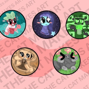 May include: A collection of five circular art pieces featuring cartoon characters. The characters include a radish with a scarf, a blue space-themed figure, a green robot, a tan-colored character, and a gray creature in a garden.