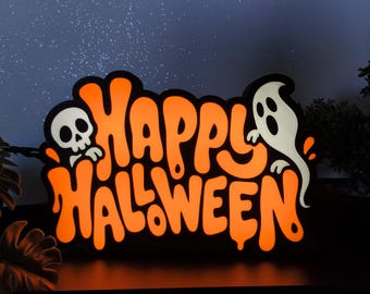 Lámpara LED de Feliz Halloween: Letrero luminoso de fantasma y calavera, decoración de temporada naranja, regalo para las fiestas de octubre.