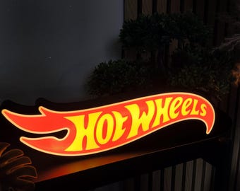 Lámpara LED Hot Wheels: Letrero luminoso con el logotipo de la llama, decoración vintage para garaje, regalo para aficionados a los coches en miniatura.