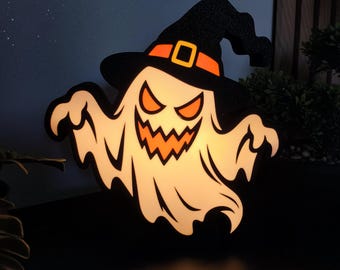 Lámpara LED de fantasma y bruja de Halloween: letrero luminoso con sombrero puntiagudo aterrador, regalo de decoración de temporada para octubre.