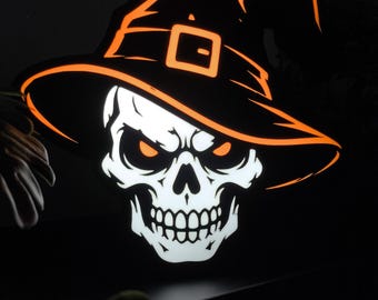 Lámpara LED de calavera de bruja de Halloween: letrero luminoso de calavera con sombrero puntiagudo, decoración de terror, regalo original.