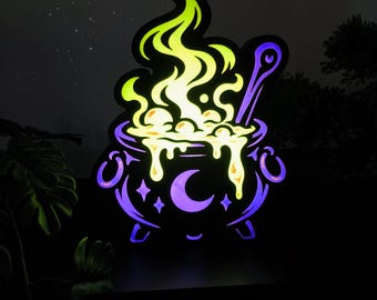 Lámpara LED con forma de caldero de bruja: letrero luminoso místico de Halloween, decoración de poción mágica, regalo de brujería.