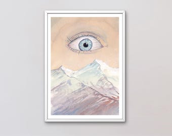 May include: A framed watercolour print depicting a light blue eye above snow-covered mountains. The eye has long eyelashes and a detailed iris. The mountains are painted in shades of blue, purple, and white, against a peach background.