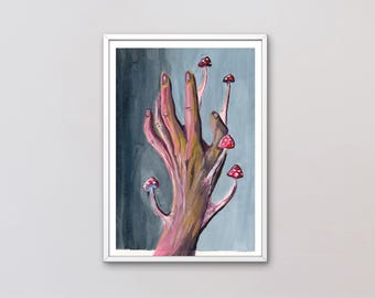 Surreal Mushroom Hand Art Print – Handmade Original Art - Botanical Fantasy Illustration