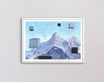 Surreal Mountain Art Print II – Floating Cubes Dreamscape