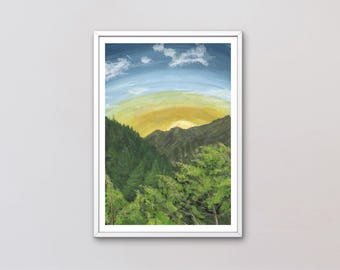 日の出山アートプリント | 5x7 緑の森の風景