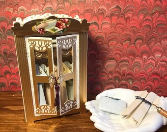 Unique Writing Set- Dollhouse Paper Armoire Dresser filled with 6 mini Folded Dresses, Letters and Envelopes