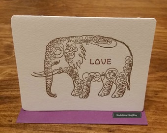 Hand Letterpress Printed Card - elephant with love