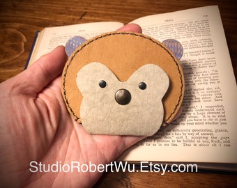 BookArt Monkey/Teddy Bear Coin Pouch / Wallet made with SuperDurable Faux Leather Paper and lined with marbled paper