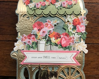 Beautiful Victorian inspired Flower Cart Easel Greeting Card