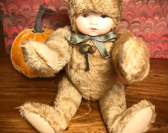 Antique-inspired Heirloom Jointed Mohair Teddy Bear Doll 11” tall with Antique German Armand Marseille Bisque Head