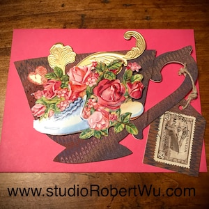 Belle carte de voeux victorienne en forme de tasse de thé avec du papier marbré !