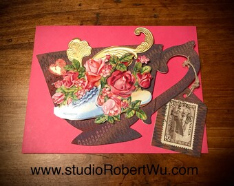 Beautiful Victorian Teacup Greeting Card with Marbled Paper!