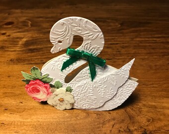 Beautiful Swan Free standing Greeting Card with Marbled Paper