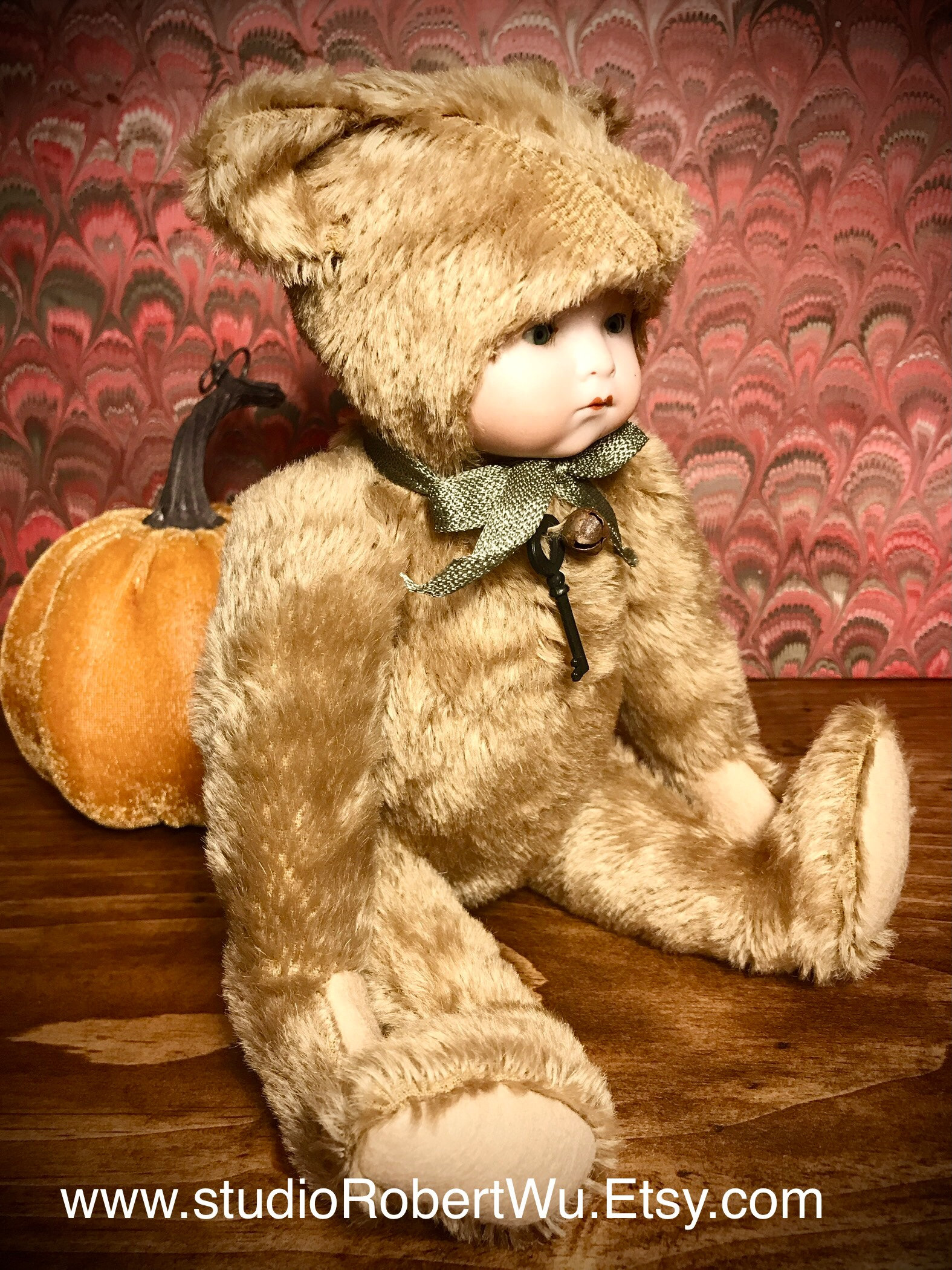 Antique-inspired Heirloom Jointed Mohair Teddy Bear Doll 11” Tall