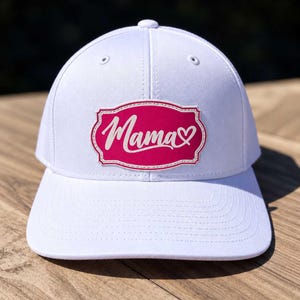 Mama Acrylic Patch Hat: Pink Heart Script, Richardson 112 Cap