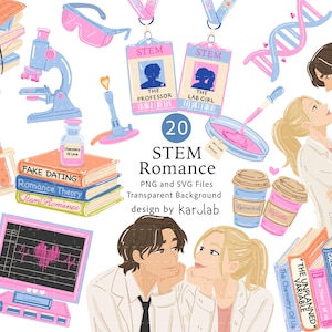 Puede incluir: Una colección de ilustraciones digitales con elementos científicos que incluyen un microscopio, tubos de ensayo, libros titulados "Fake Dating" y "Stem Romance", tarjetas de identificación, un monitor cardíaco y dos parejas con batas de laboratorio.