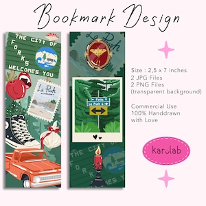 May include: Two digital bookmark designs featuring illustrations of a green Forks city sign, a red apple with fangs, a La Push postcard, a black sneaker, a red truck, a moth in a frame, a forest road sign, and a red candle, measuring 2.5 x 7 inches.