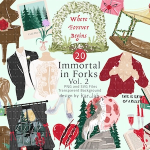 May include: A digital illustration set featuring a brown piano, a deer, a tuxedo, a white lace dress, a floral arch with the text Where Forever Begins, a gazebo, a red shirt, a wolf, books, a red apple, and text reading 20 Immortal in Forks Vol. 2.