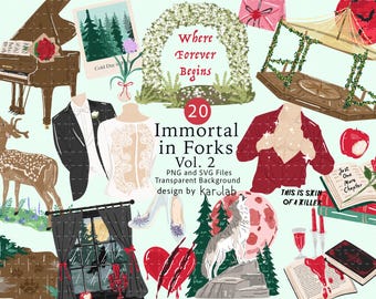 Immortal in Forks Vol. 2, Vampire Romance SVG PNG Bundle, Gothic Bookish Clipart, Rainy Forest Fantasy