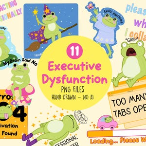 Può includere: Una collezione di 11 file PNG disegnati a mano con il tema della disfunzione esecutiva. Le immagini presentano rane dei cartoni animati in vari scenari, tra cui una rana mago e una rana con il testo "Too Many Tabs Open."