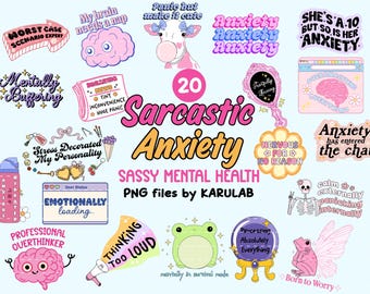 Sarcastic Anxiety PNG Bundles, Silly Mental Health Stickers Clip Art (Digital Download)