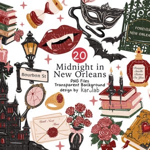 May include: A collection of 20 digital illustrations titled Midnight in New Orleans, featuring gothic elements like a masquerade mask, vampire lips, a wrought iron gate, a castle, books, roses, candles, a street sign, and a potion bottle.