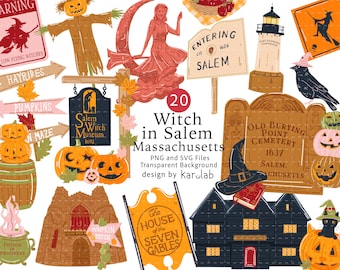 Witch in Salem Massachusetts SVG PNG Bundle, Witchy Halloween Clipart, Gothic Dark Academia, Spooky New England
