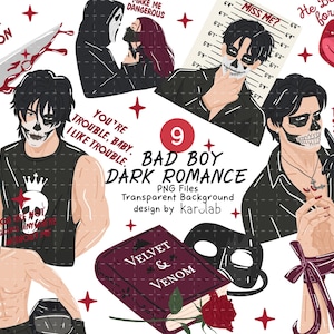 May include: A digital illustration set featuring dark romance themes with characters in skull makeup, a book titled Velvet & Venom, a red rose, a knife, and text including You're My Favorite Bad Decision, Make Me Dangerous, and Miss Me.