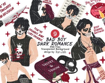 Bad Boy in Masked Clipart, Dark Romance Bookish Sticker PNG Bundle, Morally Grey Book Boyfriend, Spicy Bookish
