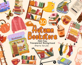 Autumn Bookstore PNG Bundles, Fall Theme ClipArt (Digital Download)