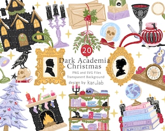 Dark Academia Christmas SVG PNG Bundle, Gothic Bookish Clipart, Vintage Library, Cozy Holiday Reading, Christmas Cut Files