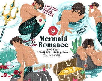 Mermaid Romance Clipart, Romantasy Bookish Stickers, Siren Love, Fantasy Siren PNG, Underwater Life (Digital Download)