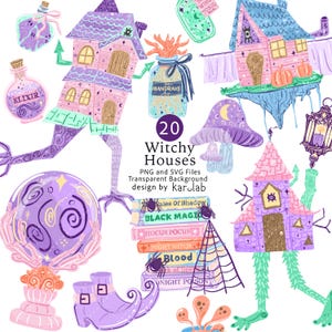 Puede incluir: Un conjunto de ilustraciones digitales que incluye 20 casas de brujas, frascos de pociones etiquetados como Elixir y Mandrake, una bola de cristal sostenida por manos esqueléticas y libros apilados titulados Tales of Shadow, Black Magic, Hocus Pocus, Night Witch, Blood y Spells.