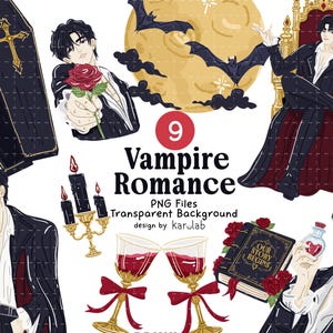May include: A digital illustration set featuring a coffin, a full moon with bats, a person on a throne, a person holding a rose, a person with a sword, a candelabra, two wine glasses, and a book with the text Our Story Begins. Text reads 9 Vampire Romance.