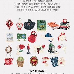 May include: A digital collection of 20 hand-drawn illustrations including a pomegranate, holy water, a necklace, a truck, books, a baseball bat, a rose, a candle, a sneaker, a cactus, mushrooms, and letters. Text includes THIS PRODUCT INCLUDES.