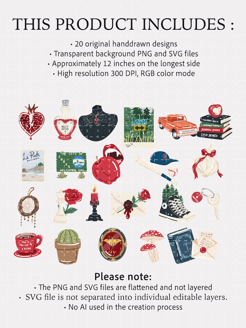 May include: A digital collection of 20 hand-drawn illustrations including a pomegranate, holy water, a necklace, a truck, books, a baseball bat, a rose, a candle, a sneaker, a cactus, mushrooms, and letters. Text includes THIS PRODUCT INCLUDES.
