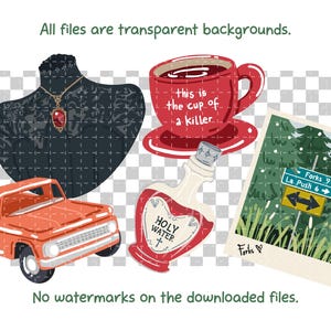 May include: A digital sticker set featuring a black lace-covered mannequin with a red pendant necklace, a red coffee cup with the text 'this is the cup of a killer', a red pickup truck, a red bottle labeled 'HOLY WATER', and a photo of a road sign.