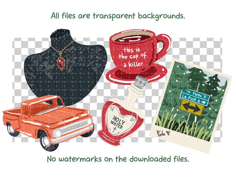 May include: A digital sticker set featuring a black lace-covered mannequin with a red pendant necklace, a red coffee cup with the text 'this is the cup of a killer', a red pickup truck, a red bottle labeled 'HOLY WATER', and a photo of a road sign.