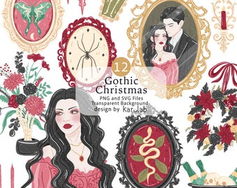 May include: A digital illustration set featuring 12 Gothic Christmas elements including ornate framed portraits of a couple and a snake, a spider in a frame, a moth, a skeleton, a floral arrangement, a wreath, and a bowl with skulls.