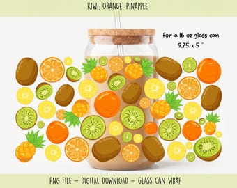 Tropical Fruit 16oz Glass Can Wrap, Kiwi Orange Pineapple Design (Digital Download)
