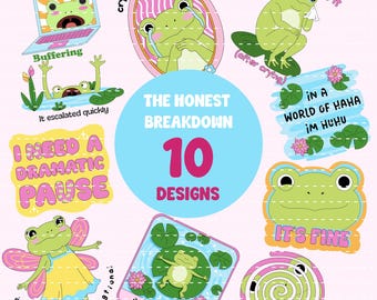 Funny Frog Bundle, Emotional Clipart, Hand Drawn, Relatable Humor Sticker Design, Sublimation PNG