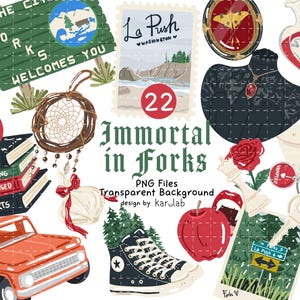 Può includere: Una collezione di ventidue illustrazioni digitali che includono un camion rosso, una pila di libri, un acchiappasogni, una scarpa da ginnastica nera con pini, una mela rossa, una cartolina di La Push, una boccetta di acqua santa, una rosa, una chiave e un cartello con la scritta The City of Forks Welcomes You.