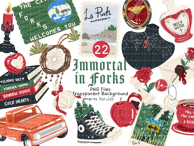May include: A collection of twenty-two digital illustrations featuring a red truck, a stack of books, a dreamcatcher, a black sneaker with pine trees, a red apple, a La Push postcard, a holy water bottle, a rose, a key, and a sign reading The City of Forks Welcomes You.