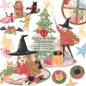 Puede incluir: Un conjunto de ilustraciones digitales titulado 12 Cozy Witchy Christmas que muestra personajes con sombreros de bruja, gatos con suéteres, un árbol de Navidad decorado, regalos, estrellas, una luna creciente y una vista de ventana.