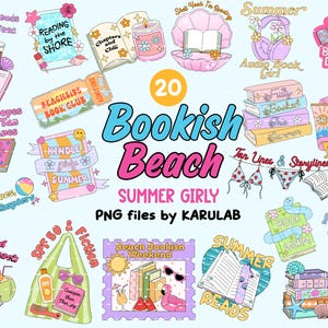 May include: A collection of twenty colorful digital illustrations featuring beach and book-themed graphics, including stacks of books, seashells, sunglasses, sunscreen, and various summer-related text phrases like Bookish Beach and Summer Girly.