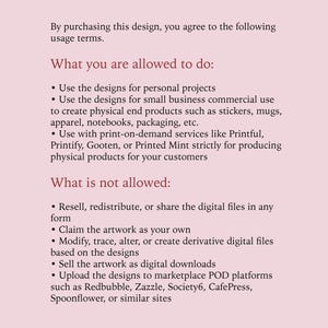 May include: A light pink document titled TERMS OF USE with black text outlining usage policies. It lists allowed actions like personal and small business use, and prohibited actions such as reselling digital files. The logo karolab is at the bottom.